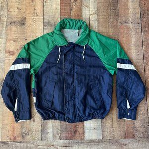 Vintage Green & Navy Colorblock Windbreaker Jacket With White Stripes Full Zip